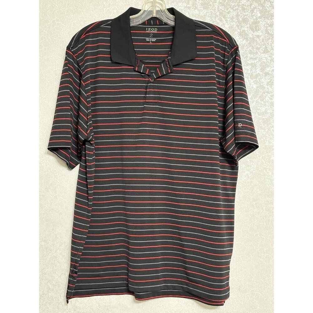 IZOD Pro Series XFG Cool FX Short Sleeve Polo Shirt Black Red & Gray Striped L